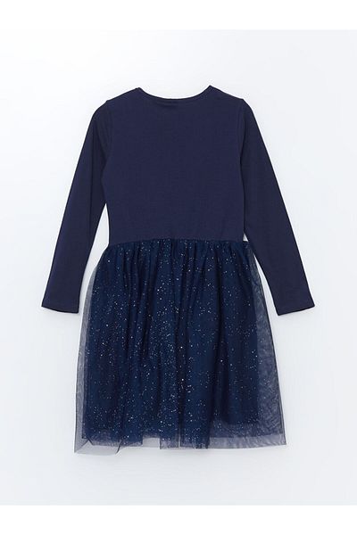 LC Waikiki Lcw Kids Girl's Dress - Navy Blue, Elsa Print, Long Sleeve, Crew Neck