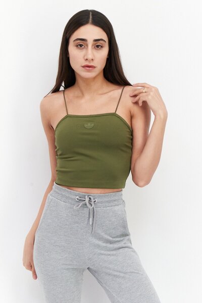 Adidas Originals قميص رياضي نسائي خارجي بشعار العلامة التجارية، زيتوني غامق