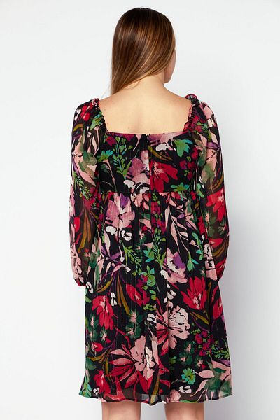 Tahari Women V Neck Long Sleeve Floral Mini Dress, Red Combo