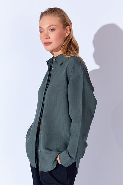 Manche Modal Soft Textured Luxury Striped Comfortable Cut Women's Shirt |   Khaki Mkw 169403 -01