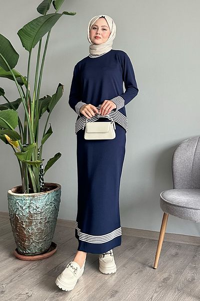 InStyle Navy Blue Suit with Piping Stripe Skirt