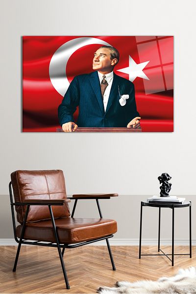 Vosevu Ataturk and Turkish Flag Glass Painting, Modern Home Office Decor, Gift Wall Decoration, Unbreakable Glass