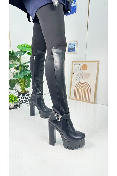 Nstil Casual μαύρες γυναικείες μπότες ψηλής πλατφόρμας με τακούνι Diver ύφασμα ρυθμιζόμενη πόρπη οβάλ μύτη 363