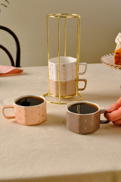 Karaca Versay 4-Piece Mug Set with Stand 180 ml