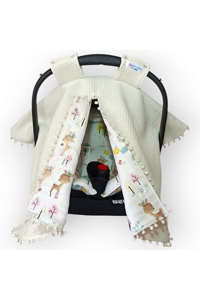 Birmelek Piqued Double Layer Double Sided Pompom Muslin Stroller Cover and Cushion