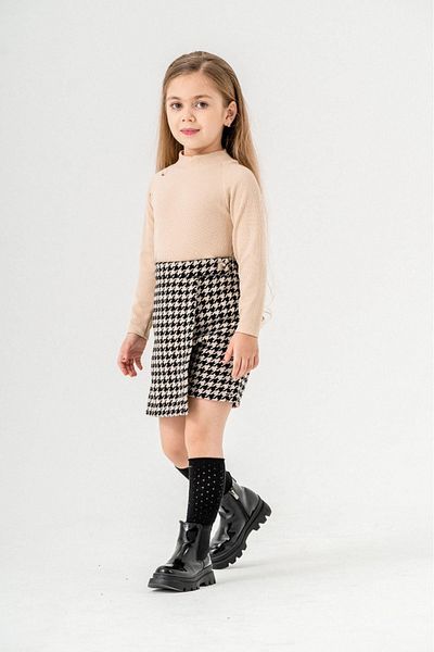 Minigimin Cicileri Комплект шорти и пола за малко момиче с шарка Cici и Houndstooth в цвят камила - с копчета