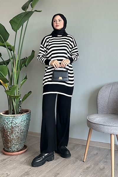 InStyle Shirt Collar Striped Black Knitwear Set