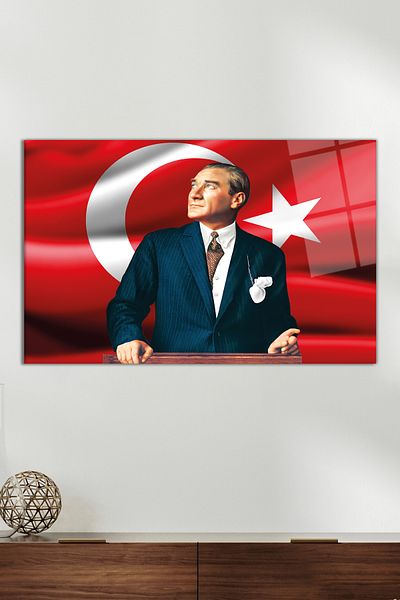 Vosevu Ataturk and Turkish Flag Glass Painting, Modern Home Office Decor, Gift Wall Decoration, Unbreakable Glass
