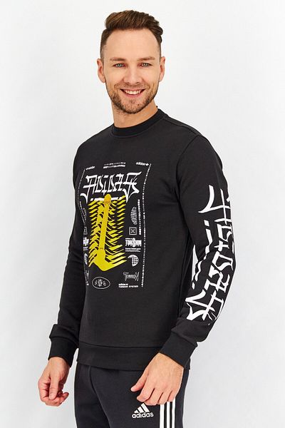 adidas Men Crew Neck Graphic Print Long Sleeves Sweatshirt, Black