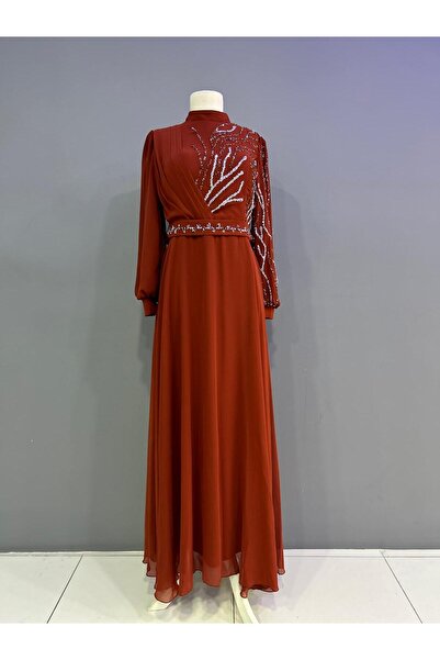 miss Elegans Şifon Taşlı İşlemeli Kiremit Abiye