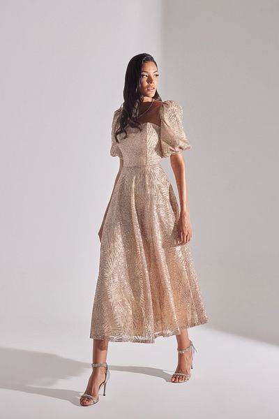 BETTY & SAM Rochie de logodnă midi cu mânecă cu balon cu sclipici SARAH