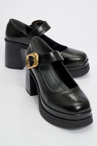 LuviShoes ASHES Black Skin Gold Buckle Damen-Plateauschuhe mit Absatz