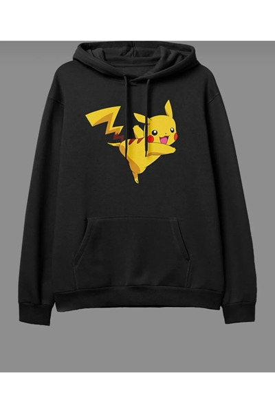 AEMİ Unisex crna Pikachu Pokemon Štampano Sa kapuljačom Oversize kroj majica