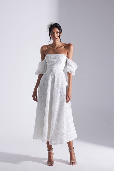 BETTY & SAM Sarah Glitter Balloon Sleeve Flounced Midi Engagement Dress