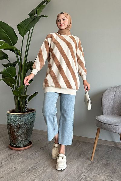 InStyle Yumoş Double Striped Beige Knitwear Sweater