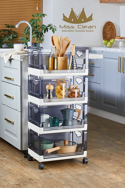 MissClean Anthracite 4-Piece Organizer - Stackable and Folding, Movable Storage Rack with Wheels