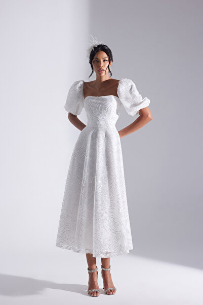 BETTY & SAM SARAH Parıltılı Balon Kol Volanlı Midi Boy Nişan Elbisesi