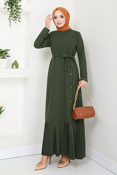 ModaMerve Khaki Color Pleated Skirt Dress - 2398Hbs932-M