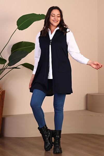 Ferace Women's Hijab Clothing Summer Lycra Vest Large Size Buttoned Vest Navy Blue