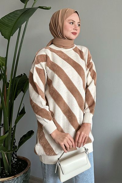 InStyle Yumoş Double Striped Beige Knitwear Sweater