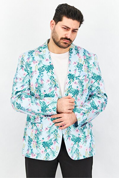 Bar III Men Slim Fit Floral Print Long Sleeves Blazer, Turquoise Combo