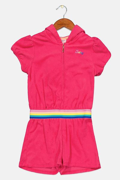 Juicy Couture Kids Girl Embroidered Logo Short Sleeve Hooded Rompers, Pink Combo