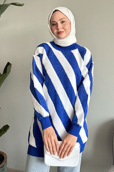 InStyle Yumoş Double Striped Blue Knitwear Sweater