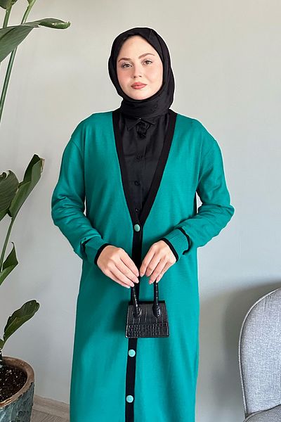 InStyle Λεπτομέρεια ρίγες Μακριά σμαραγδένια πράσινη πλεκτή ζακέτα