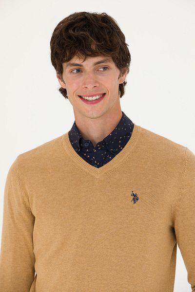 U.S. Polo Assn. Мъжки меланжиран базов пуловер в пясъчен цвят - 50275819 -VR123