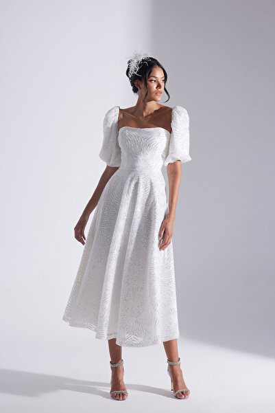 BETTY & SAM SARAH Parıltılı Balon Kol Volanlı Midi Boy Nişan Elbisesi