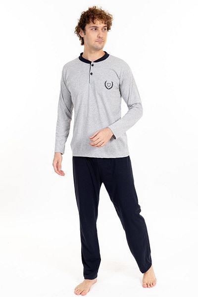 Pemilo Men's Gray Single Jersey Pajama Set - Long Sleeve 1065