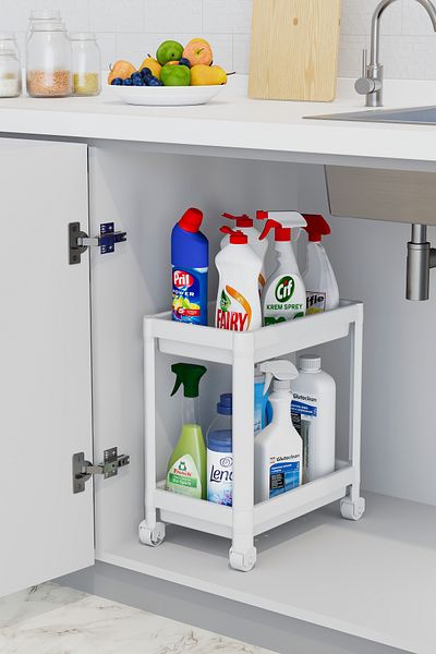 Ecolux Shelf White 2-Tier Organizer - Wheeled Bathroom Cabinet, Kitchen Countertop and under Sink Detergent Holder