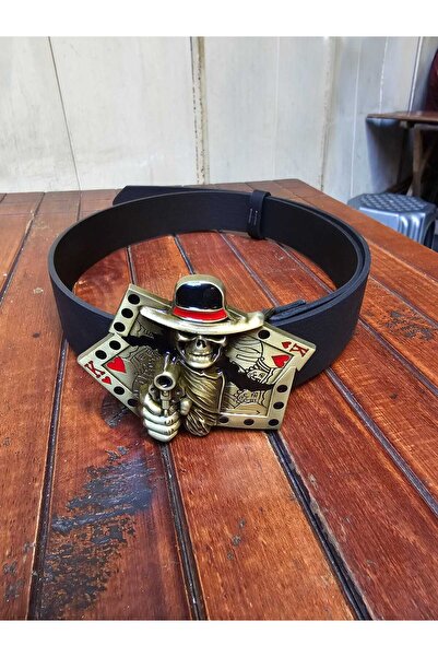 Fugusugu Gambler Skull Suni Deri Metal Kemer