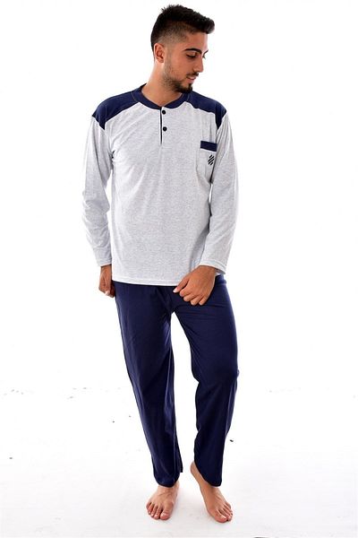 Pemilo Men's Gray 955 Model Single Jersey Long Sleeve Pajama Set