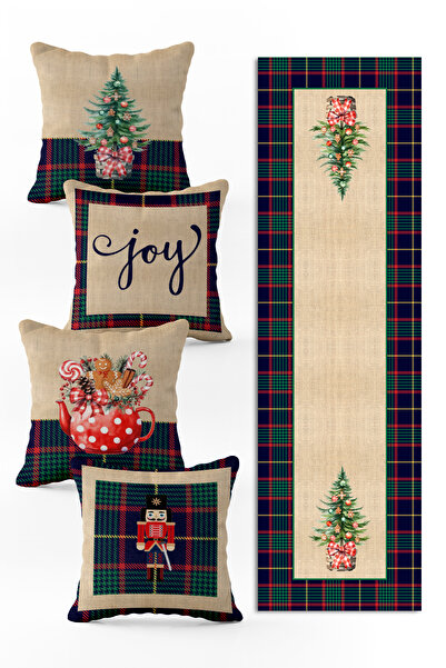 Evmila Yılbaşı Özel Set 4 Adet Kırlent 1 Adet Runner