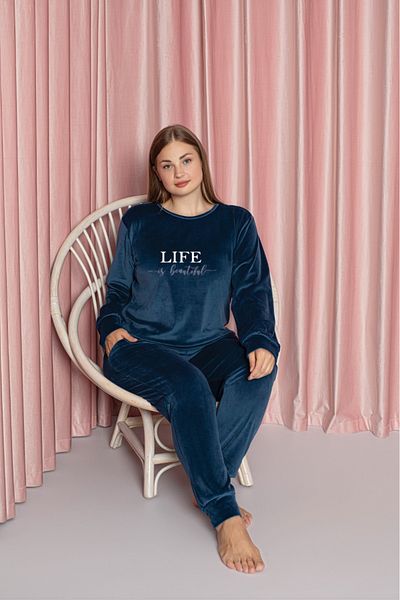Lady Set de pijamale din catifea de marime mare albastru