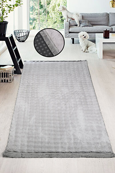Teksev Bubble Gray Color Sports Fringed Cutting Plush Runner Machine Washable Non-Slip Based Fluffy Carpet