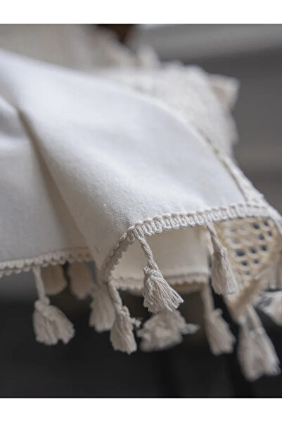 Perdeplus 100% Cotton Background Curtain with Lace and Tassel Detail Single Wing Rustic Bohemian Style Curtain