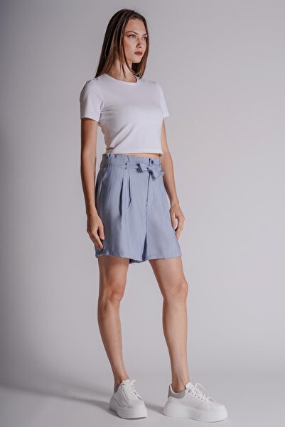 BRACCAS Kadın Pileli Beli Lastikli ve Kuşaklı Düğmeli Jogger Şort Mavi