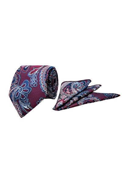 VENCHY Bordo Lacivert Şal Desen Mendilli Kravat 9902-2MK