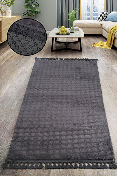 Teksev Bubble Anthracite Color Pompom Fringed Cutting Runner Washable Non-Slip Based Soft Tassel Carpet
