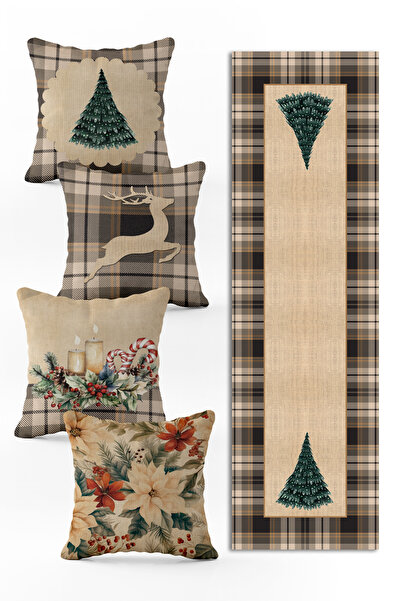 Evmila Yılbaşı Özel Set 4 Adet Kırlent 1 Adet Runner