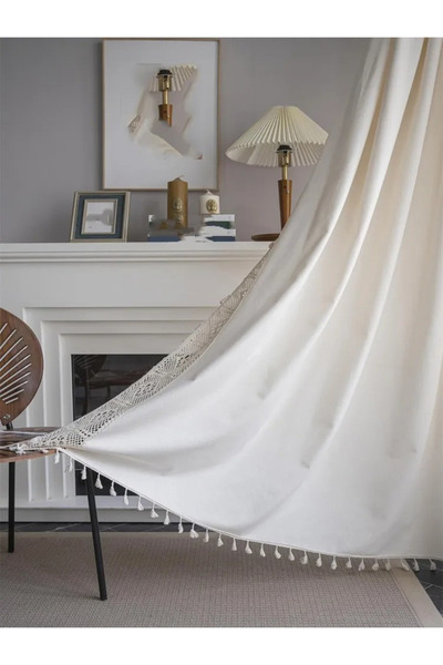 Perdeplus 100% Cotton Background Curtain with Lace and Tassel Detail Single Wing Rustic Bohemian Style Curtain