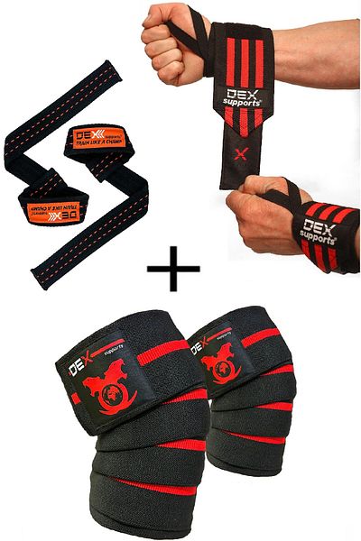 Dex Supports 3 Pack Fitness Wristbands+Wrist Wraps+Sports Knee Pad+Knee Wraps Elite+Weight Strap Lifting Straps