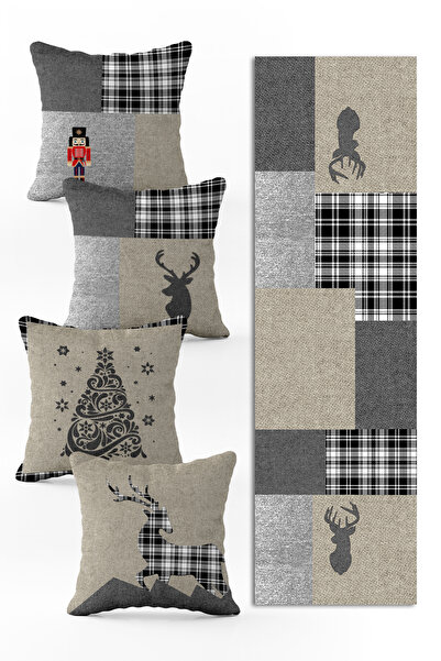 Evmila Yılbaşı Özel Set 4 Adet Kırlent 1 Adet Runner