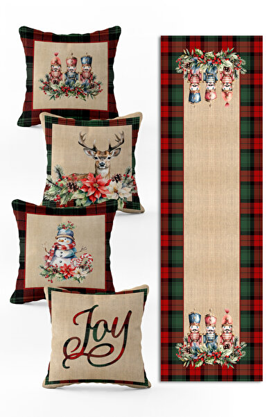 Evmila Yılbaşı Özel Set 4 Adet Kırlent 1 Adet Runner