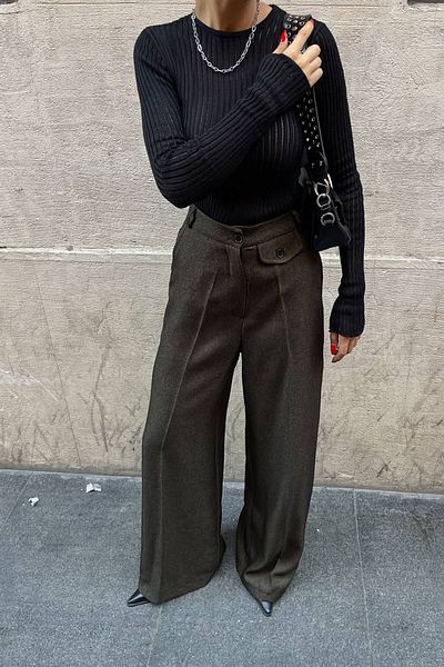 Ortaya Çık Παντελόνι Khaki Palazzo - Μάλλινο εφέ και σχέδιο τσέπης