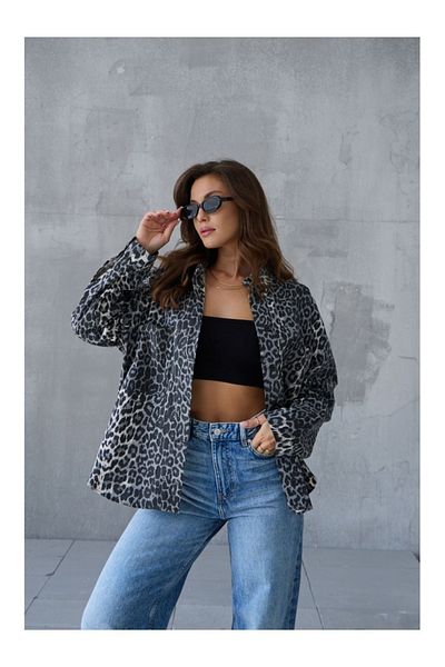 BE CHİC Cămașă de damă, gri neagră, cu model leopard, din gabardină