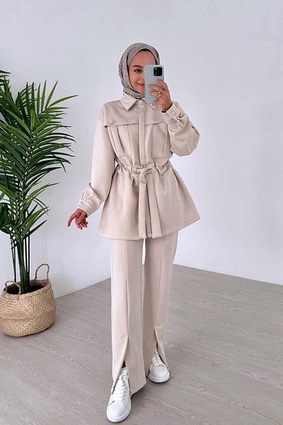 Ka Hijab Modern Scuba Hijab Set of 2 - Belt Detail, Beige