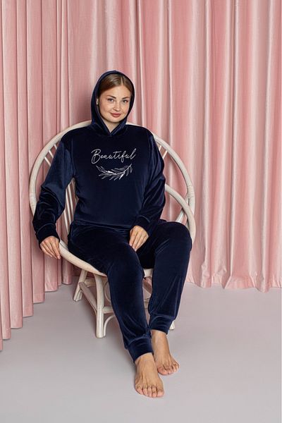 Lady Navy Blue Plus Size Velvet Pajama Set